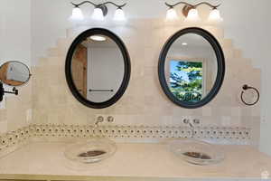 Bathroom with decorative backsplash and double sink