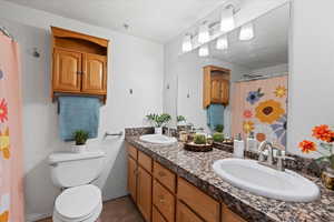 Bathroom featuring tile patterned flooring, vanity, toilet, and a shower with shower curtain