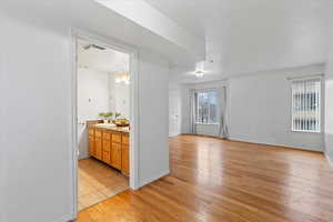 Interior space featuring a chandelier and light hardwood / wood-style floors