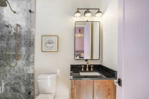 Bathroom featuring vanity, toilet, and a tile shower