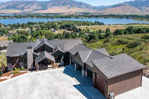 Bird's eye view with a water and mountain view