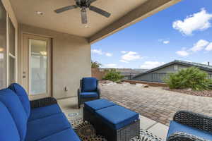 View of patio / terrace featuring ceiling fan and an outdoor hangout area