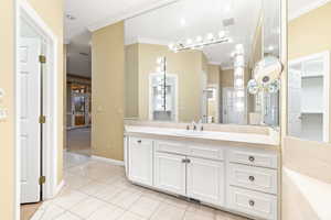 One of two primary bathrooms featuring tile patterned flooring, vanity, and crown molding