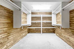 Walk in closet featuring carpet flooring and cedar lined walls.