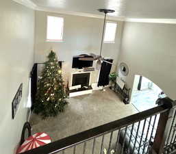 Living room featuring carpet flooring, a wealth of natural light, and ornamental molding