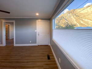 Living room with new blinds and a beautiful mountain view