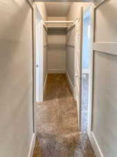 Walk-in closet between bedrooms featuring new paint, and new carpet