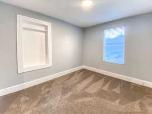 Main bedroom features a shelving area, new carpet, new window, new blinds, and new light fixture