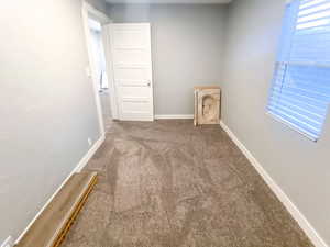 Third bedroom with new paint, new carpet, new door, new window, new blinds, new light fixture, extra flooring stored for future use, and an extra sink