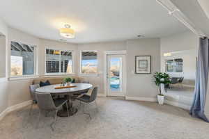 Carpeted dining room with a textured ceiling and plenty of natural light