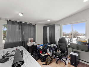 Bedroom featuring hardwood / wood-style floors, multiple windows, and lofted ceiling