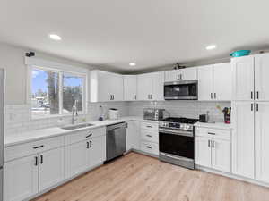 Kitchen with appliances with stainless steel finishes, light wood-type flooring, backsplash, sink, and white cabinets