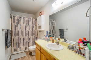 Bathroom with walk in shower, vanity, wood-type flooring, and toilet