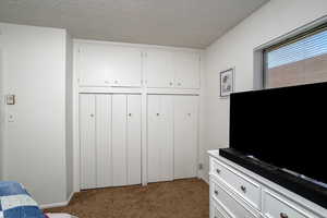 Bedroom featuring a closet, light colored carpet, and a textured ceiling