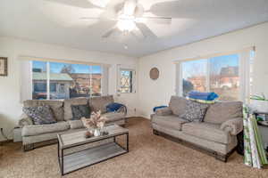 Carpeted living room featuring ceiling fan, a textured ceiling, and a wealth of natural light