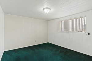 Carpeted spare room featuring a textured ceiling