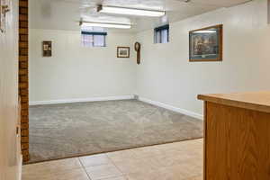 Basement featuring light colored carpet