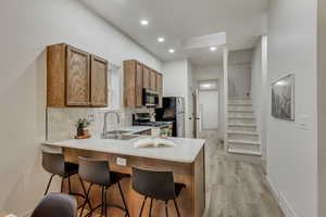 Kitchen with sink, tasteful backsplash, light hardwood / wood-style floors, kitchen peninsula, and stainless steel appliances