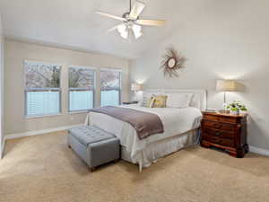 Carpeted bedroom with ceiling fan and lofted ceiling