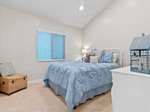 Bedroom featuring lofted ceiling and carpet floors