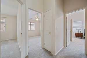 Hallway with light carpet and a wealth of natural light