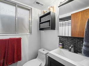 Bathroom featuring a shower with curtain, decorative backsplash, toilet, and vanity