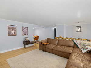 Living room with a chandelier, crown molding, and light hardwood / wood-style floors