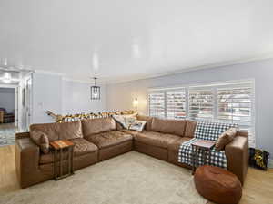 Living room with light wood-type flooring and ornamental molding