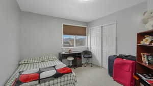 Bedroom featuring light colored carpet and a closet