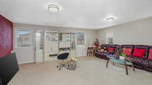 Carpeted living room with a healthy amount of sunlight