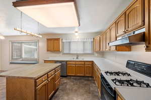 Kitchen with sink, a kitchen island, white range with gas stovetop, and stainless steel dishwasher