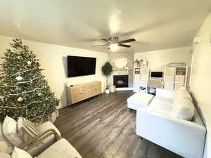 Living room with ceiling fan, dark hardwood / wood-style flooring, and a premium fireplace