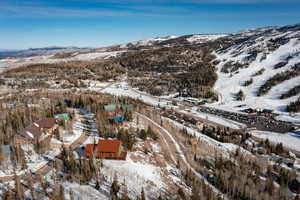 Snowy aerial view featuring a mountain view
