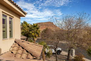 View of patio with a mountain view