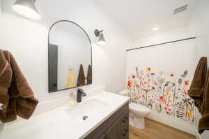 Bathroom featuring toilet, vanity, and LVP flooring