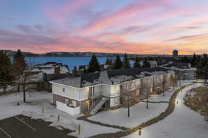 Snowy aerial view with a mountain view