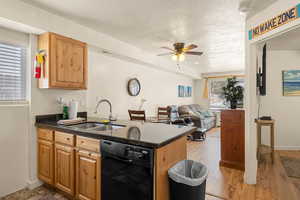 Kitchen featuring dishwasher, sink, a textured ceiling, and light hardwood / wood-style flooring