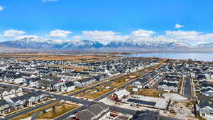 Bird's eye view with a water and mountain view