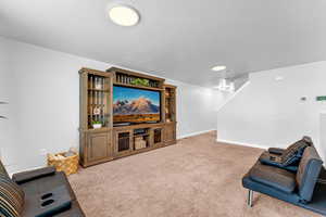 Carpeted living room with a textured ceiling