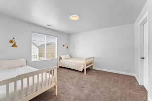 Carpeted bedroom featuring a textured ceiling