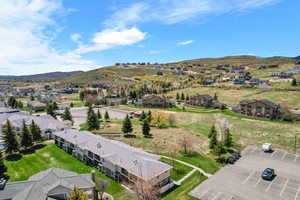 Aerial perspective of suburban area with mountains