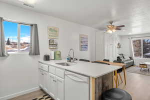 Kitchen with white cabinetry, dishwasher, plenty of natural light, and sink