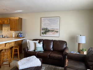 Tiled living room featuring sink