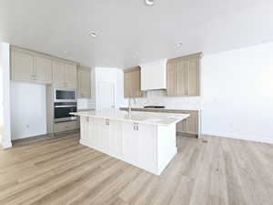 Kitchen with backsplash, stainless steel appliances, sink, a center island with sink, and light hardwood / wood-style flooring