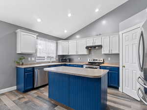 Kitchen featuring sink, a kitchen island, dark hardwood / wood-style flooring, and stainless steel appliances