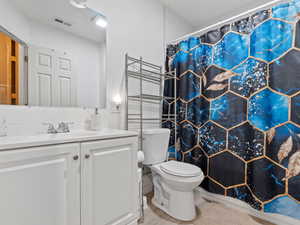 Bathroom featuring vanity, a shower with shower curtain, and toilet