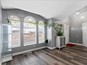 Foyer entrance with dark hardwood / wood-style flooring and lofted ceiling