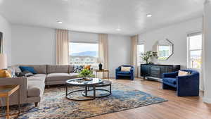 Living room featuring a wealth of natural light, light hardwood / wood-style flooring, and a textured ceiling