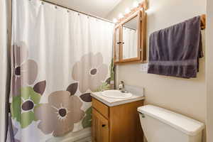 Bathroom with vanity, toilet, and walk in shower