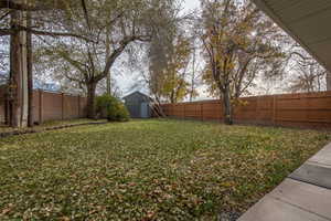 View of yard with a storage shed